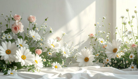 white daisies and rose bouquet on white tablecloth, soft focusの素材