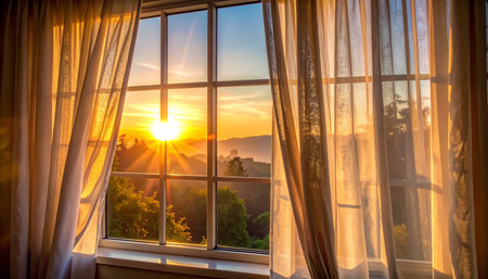 Sunset behind the window with a beautiful landscape in the background.の素材