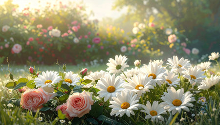 Beautiful daisies and roses in the garden at sunset.の素材