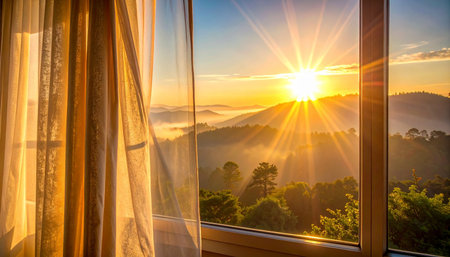 Sunrise in the morning at the window with misty mountain landscapeの素材