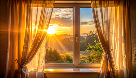Sunset in the window of a house with a beautiful landscape.の素材