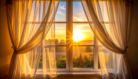 Sunset in the window with curtains and a view of the countrysideの素材