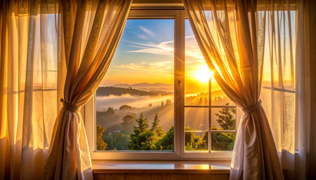 Sunrise in the mountains through the window of a house with fogの素材