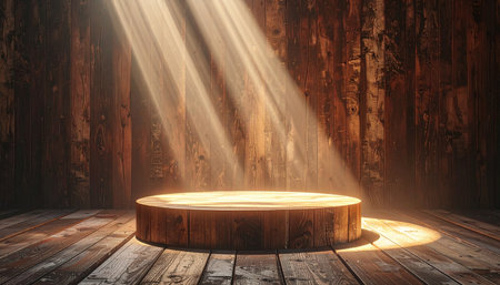 Wooden podium illuminated by spotlights on wooden background. 3D renderingの素材