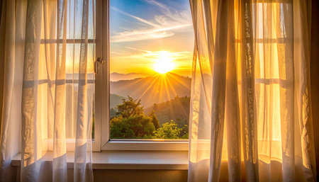 Sunset behind the window in the morning, beautiful nature background.の素材