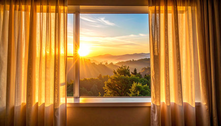 Sunset in the mountains behind the window with a view of the valleyの素材