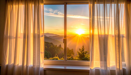 Beautiful sunset behind the window in the mountains. Landscape.の素材