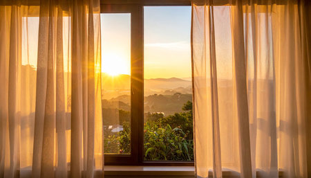 Sunset behind the window with curtains in the morning, Thailand.の素材
