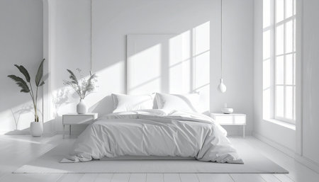 White bedroom interior with white walls, tiled floor, white master bed with white linens and plant in vase. 3d renderingの素材