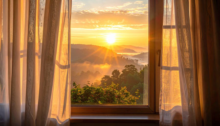 Sunrise in the morning at the window of the house, Thailandの素材