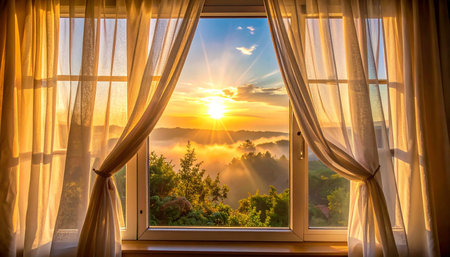 Beautiful sunrise in the morning at the window. Sunrise in the morning.の素材