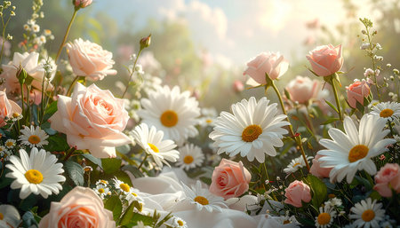 Beautiful pink and white roses and daisies in the gardenの素材