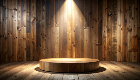 Wooden podium on wooden floor, 3d render. Abstract background.の素材