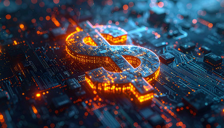 Dollar sign on computer circuit board background. 3d rendering.の素材