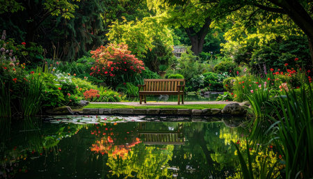 Beautiful garden with bench in the park and reflection in the waterの素材