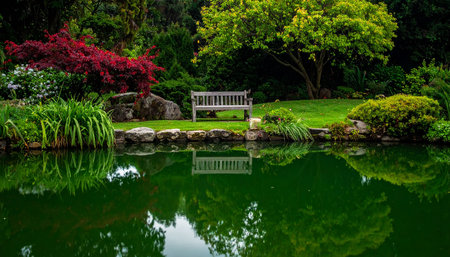 Bench in the garden with reflection on the lake, landscape design.の素材