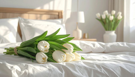 Bouquet of white tulips on the bed in the bedroomの素材