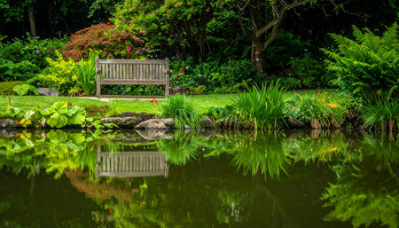 Wooden bench in the garden with reflection in the water. Natural background.の素材