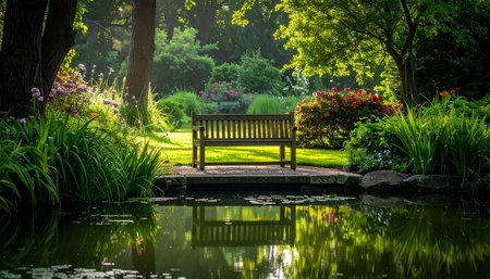 Bench in the park with reflection in the water. Beautiful summer landscape.の素材