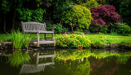 Wooden bench in the garden with reflection in the pond, nobodyの素材