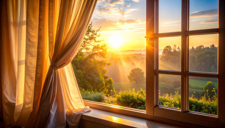 Sunrise in the morning through the window of a country house.の素材