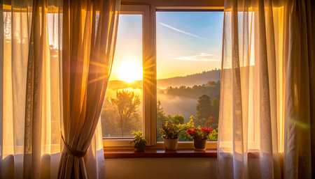 Sunset at the window with beautiful view of the mountain landscape.の素材