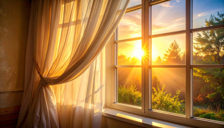 Sunset behind the window with curtains in the interior of the houseの素材