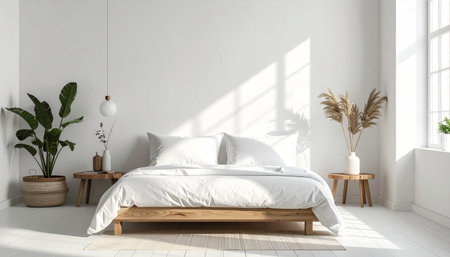 Interior of modern bedroom with white walls, wooden floor, comfortable king size bed and plant. 3d renderingの素材