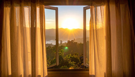 Sunset at the window with curtains and mountains in the background.の素材
