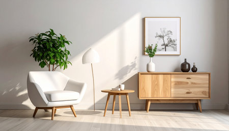 Modern living room with white armchair and wooden commode. 3d renderingの素材