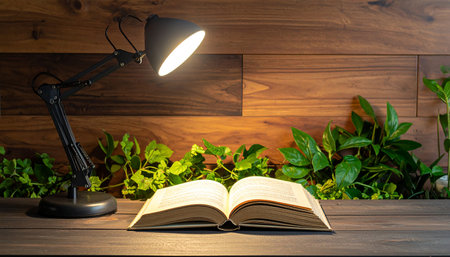 Open book with lamp on wooden table and green plants on wall backgroundの素材