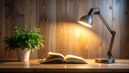 Book, lamp and plant on wooden table. Home interior design.の素材