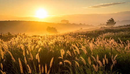 Sunrise in the meadow with grass flower at summer morning.の素材