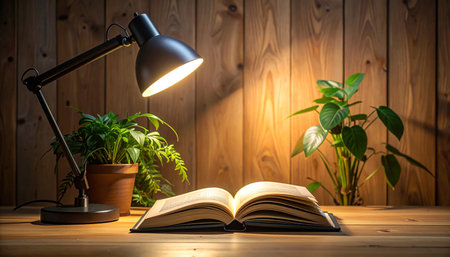 Open book with lamp and houseplant on wooden table against wooden wallの素材