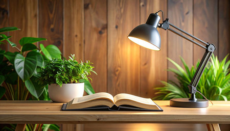 Book on the table with lamp and plant on wooden wall background.の素材