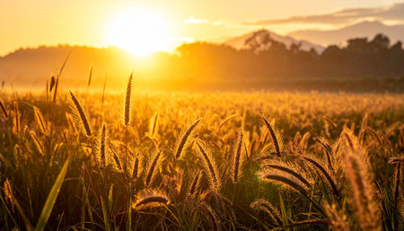 Sunset on rice field with mountain in the background. Landscape.の素材