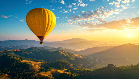 Hot air balloon flying over the mountains at sunset. 3D renderingの素材