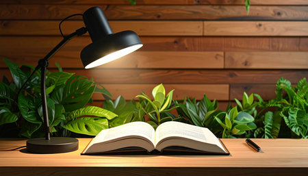 Book and lamp on wooden table with green plants. 3d renderingの素材