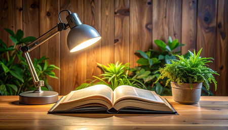 Book on a wooden table with a lamp and a potted plantの素材