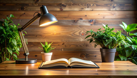Book and lamp on a wooden table in a room with green plantsの素材
