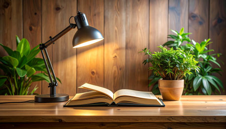 Book and lamp on the wooden table with green plant in the roomの素材