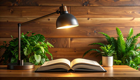 Open book on wooden table with lamp and houseplants. 3d renderの素材