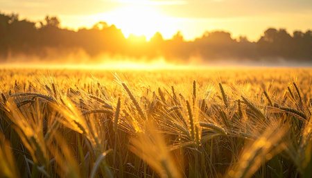 Sunset or sunrise in a summer field with ears of golden ryeの素材