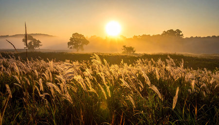 Sunrise over the meadow in the morning,Thailand.の素材