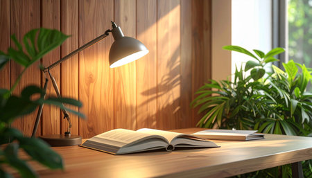 Open book and lamp on the wooden table. 3d rendering.の素材