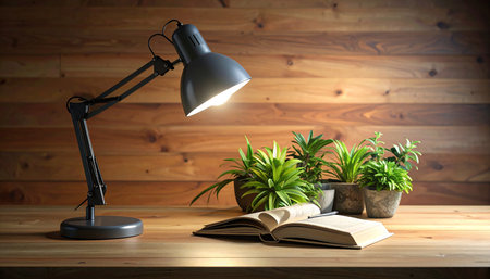 Table lamp and books on the wooden table. 3d rendering.の素材