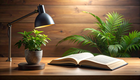 Book and lamp on a wooden table in front of a wooden wallの素材