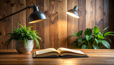 Open book and lamp on wooden table in cozy living room with green plants.の素材