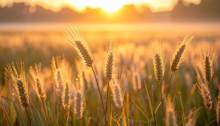Spikelets of wheat on the field at sunset. Shallow depth of fieldの素材