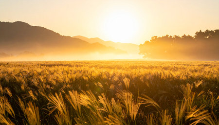 Wheat field in the morning with mist and mountain background, Thailand.の素材